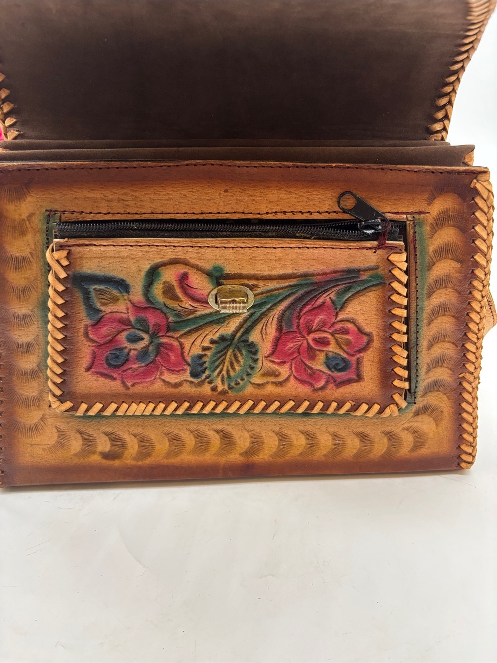Vintage Mexican Hand-Tooled Floral Leather Crossbody Bag - Tan Multicolor Floral - Picture 3 of 14